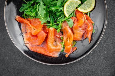 somon salatası, deniz ürünleri, meze, meze, abur cubur, fotokopi, uzay, arka plan, kırsal üst görüş diyeti.