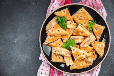 Sandviç, jambon, biftek, et, aperatif, meze, meze fotokopi, uzay yemeği arka plan, kırsal üst görüş.