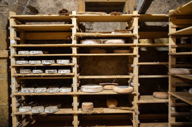 Peynir mahzeni, inek, keçi, koyun eti aperatifleri masa üstünde atıştırmalık şeyler yer.