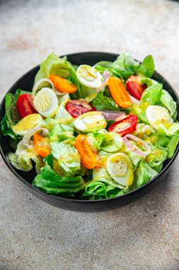 Bıldırcın yumurtası salatası taze sağlıklı yemek aperatifi yemek aperatifleri fotokopi masasında yemek arka plan kırsal manzarası