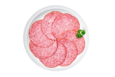 Salam sosisi taze et ürünü sağlıklı beslenmeye hazır aperatif yemek aperatifleri masanın üzerinde fotokopi uzayı arka plan kırsal manzarası