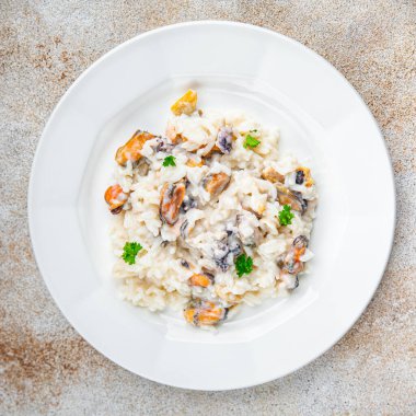 pilav deniz ürünleri risotto taze yemek aperatifler yemek aperatifler masa üzerinde fotokopi uzay gıda arka plan kırsal üst görünüm Pescetarian diyet
