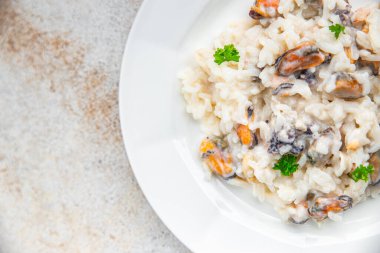 pilav deniz ürünleri risotto taze yemek aperatifler yemek aperatifler masa üzerinde fotokopi uzay gıda arka plan kırsal üst görünüm Pescetarian diyet