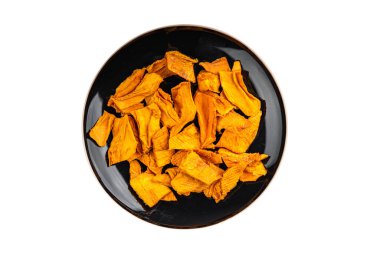 Kurutulmuş mango meyvesi sağlıklı meyve kurutulmuş meyve yararlı taze sağlıklı yemek aperatif yemek aperatifi masada fotokopi alanı yemek arka planında 