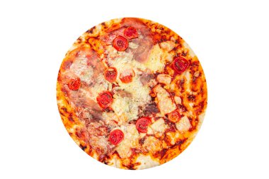 Pizza jamonu, domates sosu, peynir taze yemek aperatif yemek aperatifleri fotokopi masasında uzay yemeği arka plan kırsal manzarası