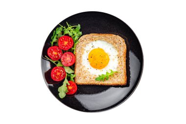 Kızarmış yumurtalı tost yumurta sarısı proteini lezzetli kahvaltı lezzetli sağlıklı yemekler iştah açıcı yemek aperatifler masada fotokopi uzayı arka plan kırsal manzarası