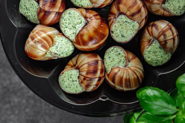 Yeşil yağlı, aromalı salyangozlar lezzetli, sağlıklı, iştah açıcı, yemek aperatifleri fotokopi masasında. Arka plan, kırsal arka plan, üst görüş, keto veya paleo diyeti.