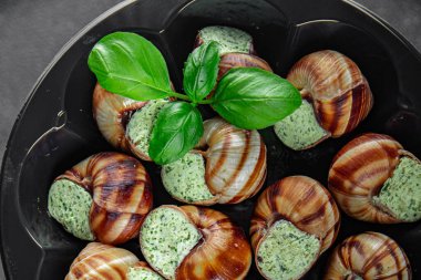 Yeşil yağlı, aromalı salyangozlar lezzetli, sağlıklı, iştah açıcı, yemek aperatifleri fotokopi masasında. Arka plan, kırsal arka plan, üst görüş, keto veya paleo diyeti.