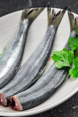 Ringa balığı taze çiğ deniz ürünleri lezzetli, sağlıklı, iştah açıcı, yemek aperatifleri fotokopi masasında yer alan uzay yiyecekleri arka plan kırsal manzaralı Pescetarian diyeti.