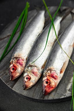 Ringa balığı taze çiğ deniz ürünleri lezzetli, sağlıklı, iştah açıcı, yemek aperatifleri fotokopi masasında yer alan uzay yiyecekleri arka plan kırsal manzaralı Pescetarian diyeti.
