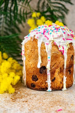 Paskalya pastası, çiçek pişirme, mimoza bayramı, tatlı pişmiş yiyecekler, lezzetli Paskalya yumurtaları, ortodoks bayramı, taze yemek atıştırmalıkları, masa üzerinde fotokopi, uzay yiyecekleri arka plan kırsal manzarası.