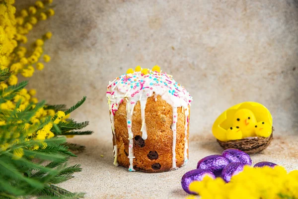 easter cake baking flowers mimosa holiday treat sweet baked goods delicious easter eggs orthodox holiday fresh delicious Cooking meal food snack on the table copy space food background rustic top view