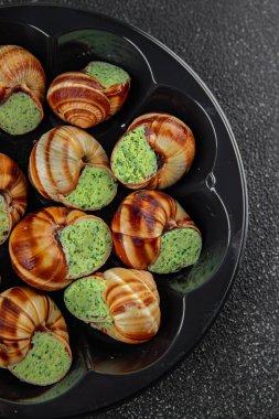 Salyangozlar yeşil tereyağı aromalı otlar lezzetli taze yemek aperatifler masa üzerinde yemek atıştırmalıkları fotokopi alanı arka plan kırsal manzarası