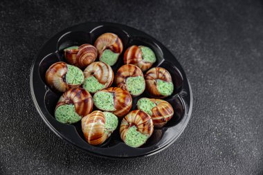 Salyangozlar yeşil tereyağı aromalı otlar lezzetli taze yemek aperatifler masa üzerinde yemek atıştırmalıkları fotokopi alanı arka plan kırsal manzarası