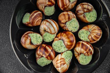 Salyangozlar yeşil tereyağı aromalı otlar lezzetli taze yemek aperatifler masa üzerinde yemek atıştırmalıkları fotokopi alanı arka plan kırsal manzarası