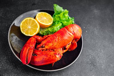 Istakoz, deniz ürünleri, yemek, aperatif yemek. Masanın üstünde yemek, fotokopi, arka plan, kırsal alan manzarası.