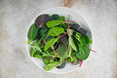 Sağlıklı salata karışımı, yapraklar mikro yeşil, sulu çerez sağlıklı aperatif yemek aperatifler masada fotokopi uzayı yemek arka plan kırsal üst görüş keto veya paleo diyet vejetaryen