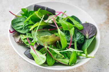 Sağlıklı salata karışımı, yapraklar mikro yeşil, sulu çerez sağlıklı aperatif yemek aperatifler masada fotokopi uzayı yemek arka plan kırsal üst görüş keto veya paleo diyet vejetaryen