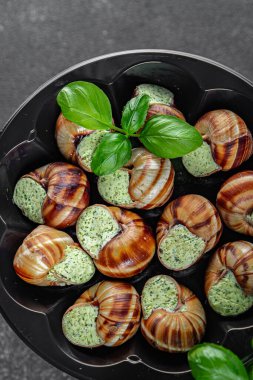 Salyangozlar yeşil yağ aromalı otlar lezzetli taze yemek aperatifler masa üzerinde yemek atıştırmalıkları fotokopi alanı arka plan kırsal manzarası