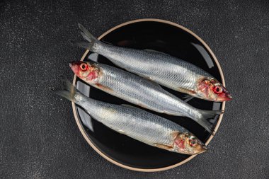 Taze ringa balığı çiğ deniz ürünleri, lezzetli yemek, abur cubur. Masada fotokopi, arka plan, kırsal arka plan, üst düzey vejetaryen diyeti.