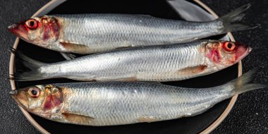 Ringa balığı taze deniz ürünleri lezzetli yemek aperatifleri masada fotokopi uzayı arka plan kırsal manzarası 