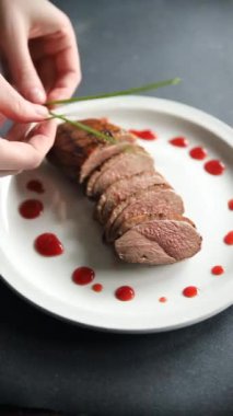 Ördek göğsü kızartılmış et ikinci tabak et tavuk taze sağlıklı yemek aperatifler masa üzerinde yemek fotokopisi arka plan kırsal manzarası