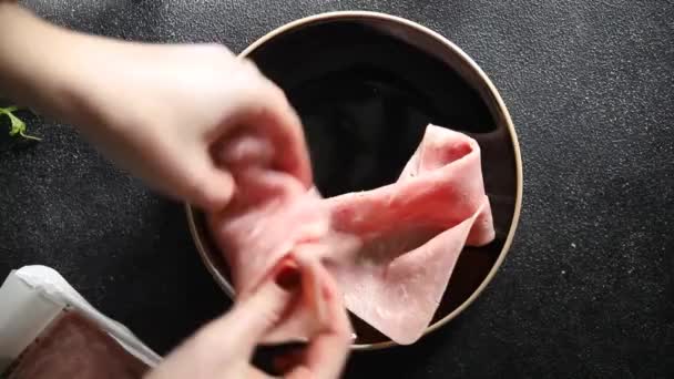 Fresh Ham Slice Pork Meat Food Tasty Eating Meal Food — Stock Video