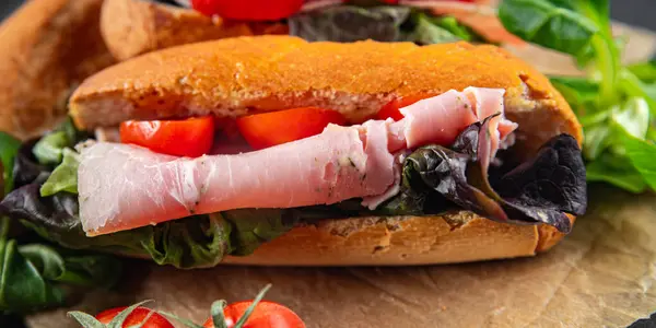 Sandwich Jambon Tomate Laitue Verte Saine Cuisine Apéritif Repas Collation — Photo
