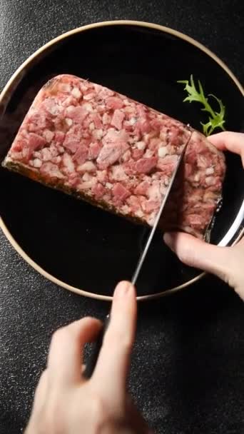 Fleischkuchen Terrine Scheibe Pastete Hackbraten Schweinefleisch Lecker Frisch Essen Vorspeise — Stockvideo