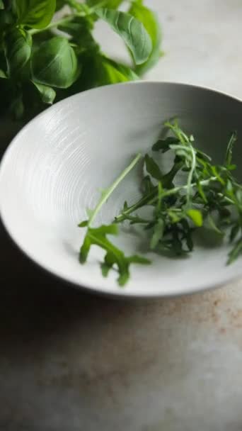 Roquette Salade Feuilles Assiette Manger Sainement Cuisine Apéritif Repas Nourriture — Video