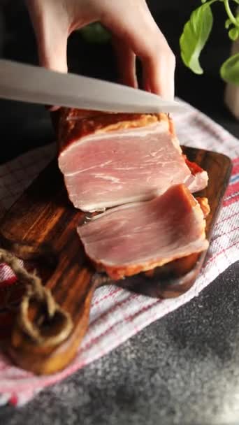 Porc Fumé Viande Cuisson Bacon Manger Apéritif Repas Collation Sur — Video