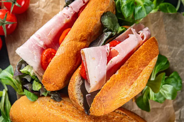 Sandwich Jambon Tomate Laitue Verte Manger Cuisine Apéritif Repas Nourriture — Photo