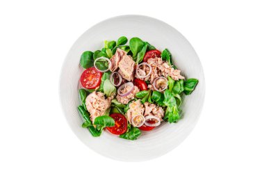 Deniz mahsulleri salatası ton balığı, domates, yeşil yaprak, marul, soğan yemek aperatifleri fotokopi masasında atıştırmalık şeyler.