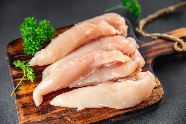 Raw Chicken Meat Aiguillettes Fresh Cooking Appetizer Meal Food Snack Stock Picture