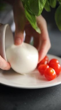 Burrata peynirli bufalo burrata aperatifler masada yemek atıştırmalıkları fotokopi uzayı arka plan kırsal manzarası 
