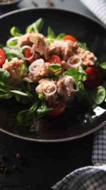 Ton balığı salatası, domates, yeşil yaprak marul sağlıklı yemek aperatifi yemek aperatifleri fotokopi odası arka plan kırsal manzarası 