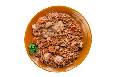 Mercimek et ya da domuz eti taze yemek aperatifi masanın üzerinde fotokopi alanı arka plan kırsal manzarası