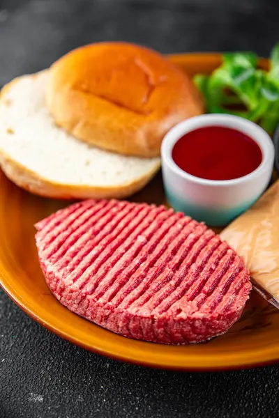 Raw Burger Set Cutlet Bun Cheese Tomato Sauce Greens Fresh Stock Picture