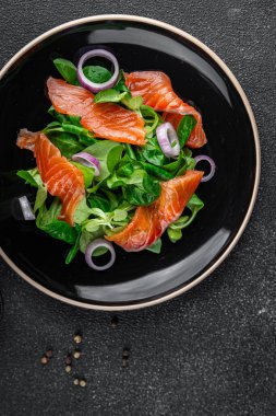 somon salatası aperatifler masada taze yemek fotokopi alanı arka plan kırsal manzarası 