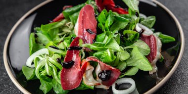 Ördek göğsü salatası füme ördek eti magret doğal iştah açıcı yemek aperatifi masa üzerinde fotokopi uzay yiyecek arka plan kırsal üst görünüm