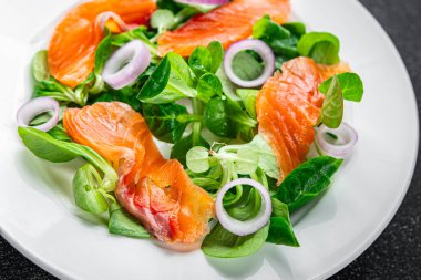 Salata somonu aperatifi masaya yemek abur cubur fotokopisi uzay yemeği arka plan kırsal üst görüş keto veya paleo diyet vejetaryen gıda