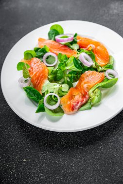 Salata somonu aperatifi masaya yemek abur cubur fotokopisi uzay yemeği arka plan kırsal üst görüş keto veya paleo diyet vejetaryen gıda