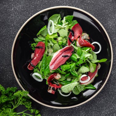 Salata ördeği göğsü atıştırması et füme magret taze iştah açıcı yemek masanın üzerinde fotokopi alanı arka planı