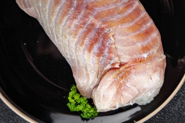 Tilapia çiğ balık fileto deniz ürünleri taze aperatifler masada atıştırmalıklar fotokopi uzay yiyecekleri arka plan kırsal üst görünüm 