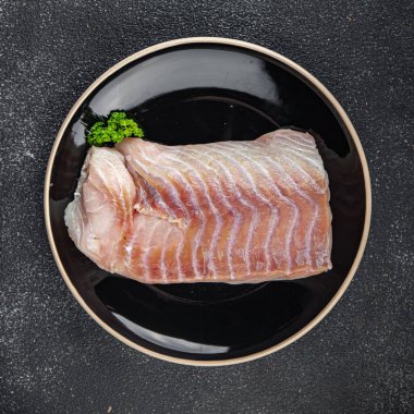 Tilapia çiğ balık fileto deniz ürünleri taze aperatifler masada atıştırmalıklar fotokopi uzay yiyecekleri arka plan kırsal üst görünüm 