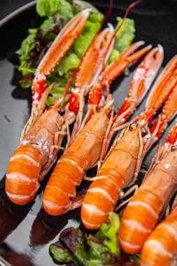 Langoustine deniz ürünleri karidesleri masada taze yemek atıştırmalıkları fotokopi uzay yiyecekleri arka plan kırsal manzarası