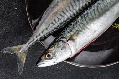 Çiğ uskumru çiğ balık taze deniz ürünleri. Masanın üzerinde taze yemek. Fotokopi.