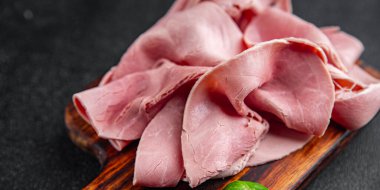jambon domuz eti konserve jambon öğle yemeği masa üzerinde taze yemek fotokopi uzay yemek arka plan kırsal üst görünüm