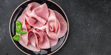 jambon domuz eti konserve jambon öğle yemeği masa üzerinde taze yemek fotokopi uzay yemek arka plan kırsal üst görünüm