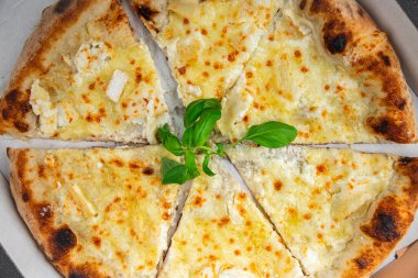 Pizza peyniri mozzarella, mavi peynir, camembert ve cheddar taze yemek atıştırmalığı fotokopi uzayı arka plan kırsal manzarası